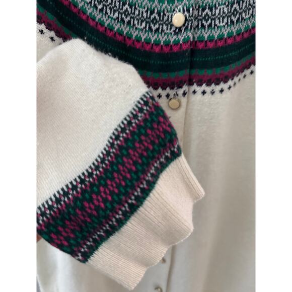 Talbots Cashmere Blend Fair Isle Trim Button Front Cardigan Size Large Petite - Picture 8 of 10